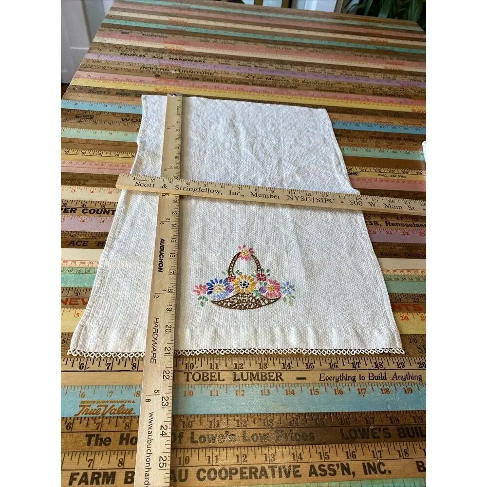 VINTAGE Hand Embroidered Tea Guest Towels Dresser Scarfs LINEN Floral Lot of 3